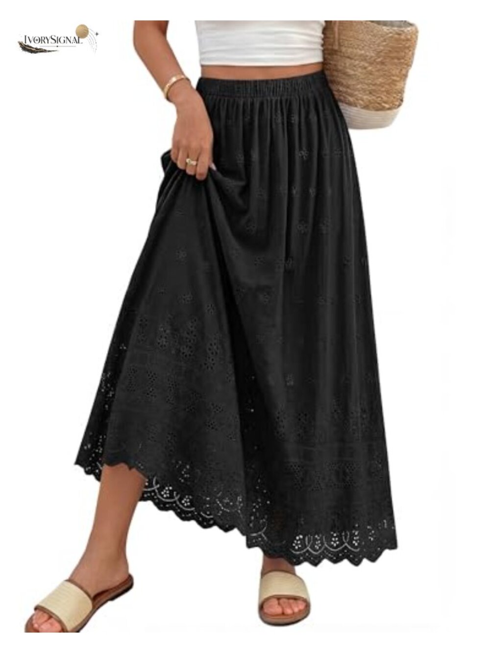 Women Boho Eyelet A-Line Cotton Flowy Maxi Skirt